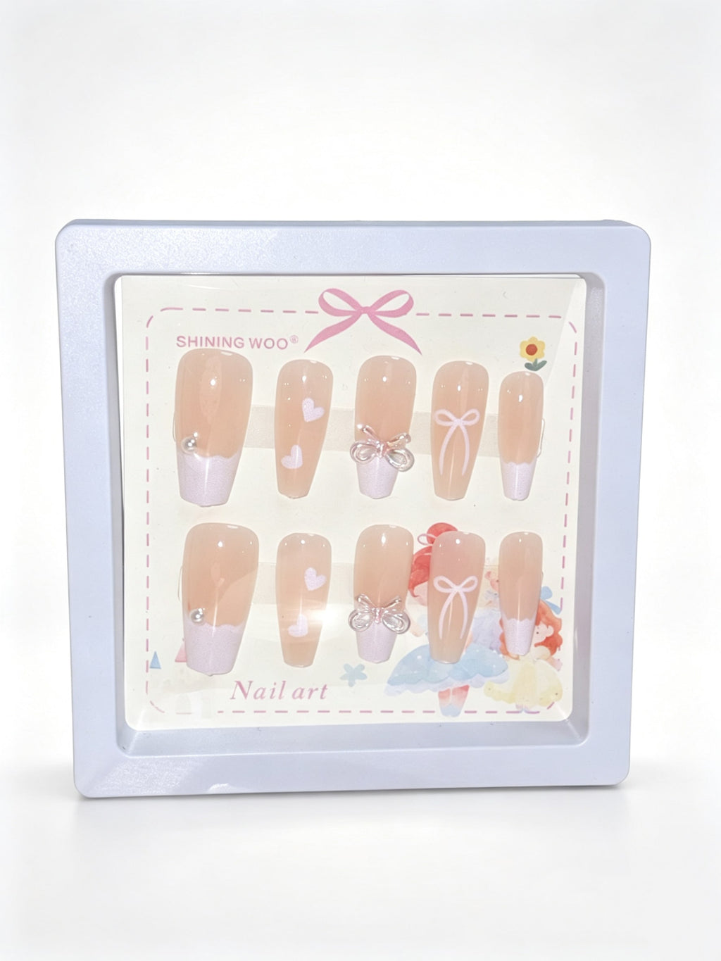 Coquette Bow & Pearl French Press-On Nails – Nude Base x White Tip