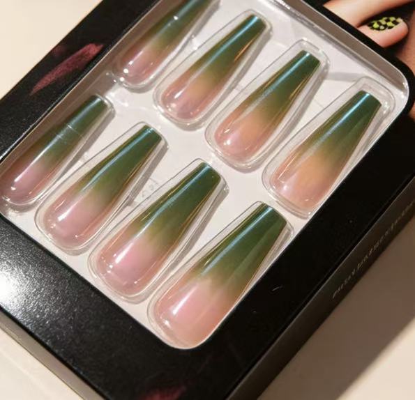 Sage Green to Nude Ombre Press-On Nails | Long Coffin Shape