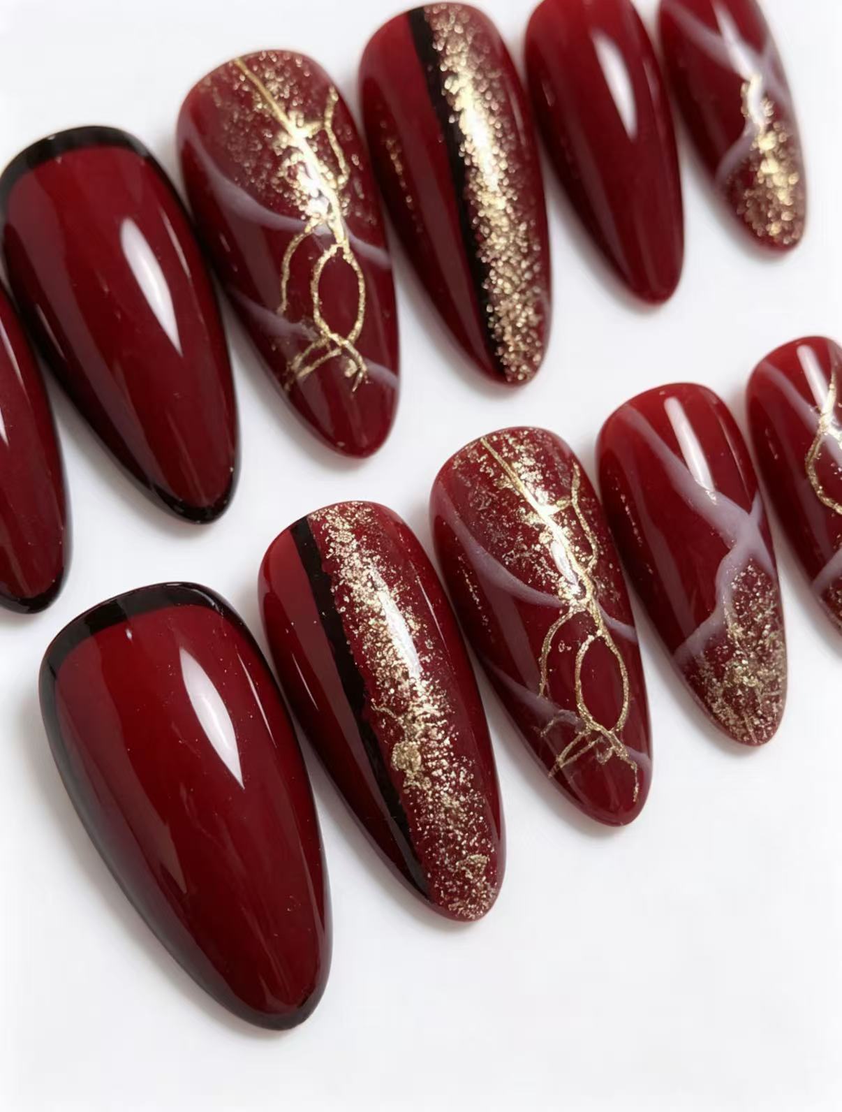 Deep Red Black French Press-On Nails | Almond Shape with Gold Foil & Glitter