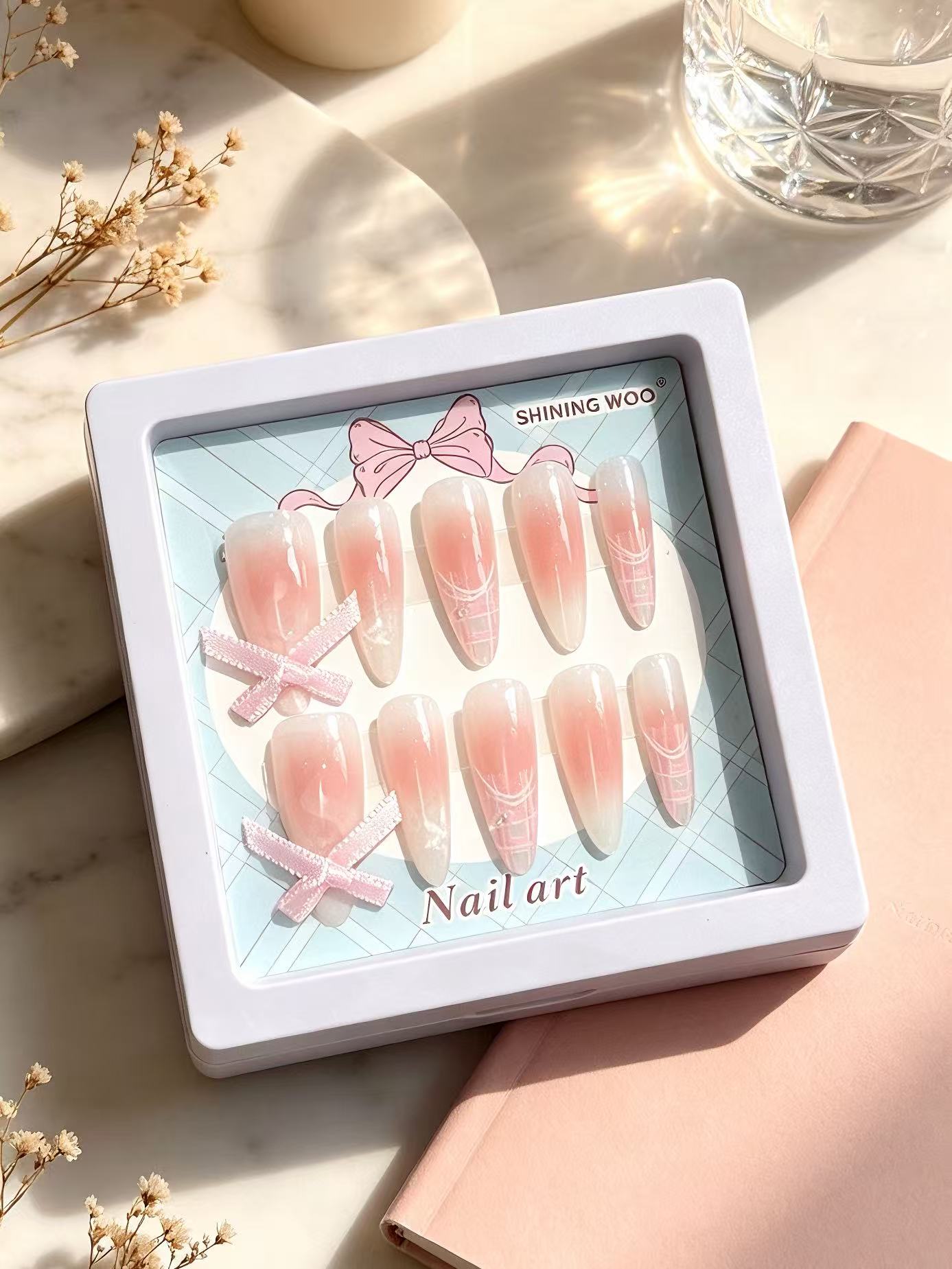 Blush Ombre Ribbon Bow Press-On Nails | Soft Pink to Clear Gradient