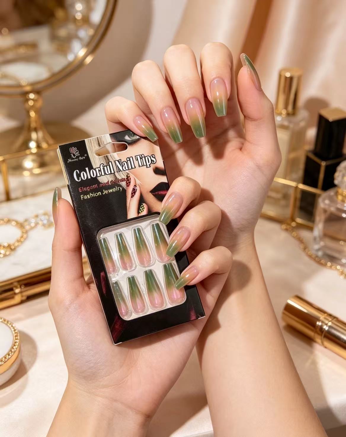 Sage Green to Nude Ombre Press-On Nails | Long Coffin Shape