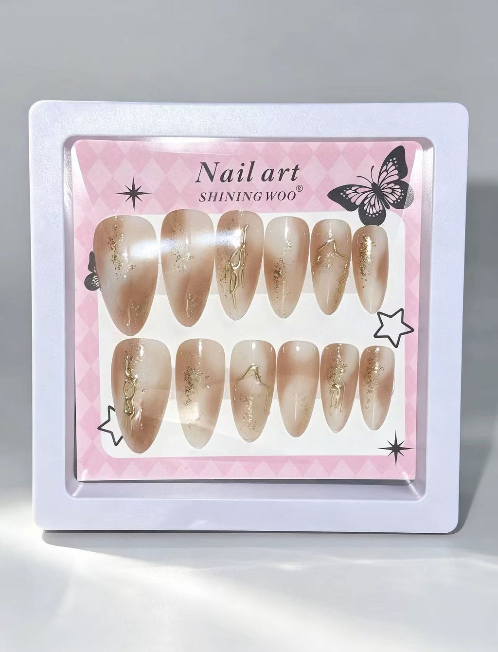 Nude Ombre Gold Foil Press-On Nails | Elegant Almond Shape with Metallic Accents