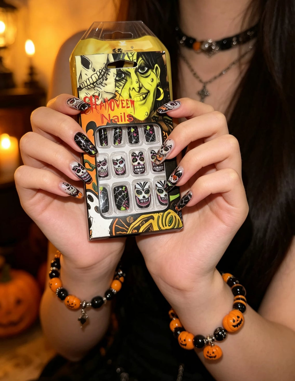 Halloween Sugar Skull Press-On Nails | Spooky Spiderweb Print