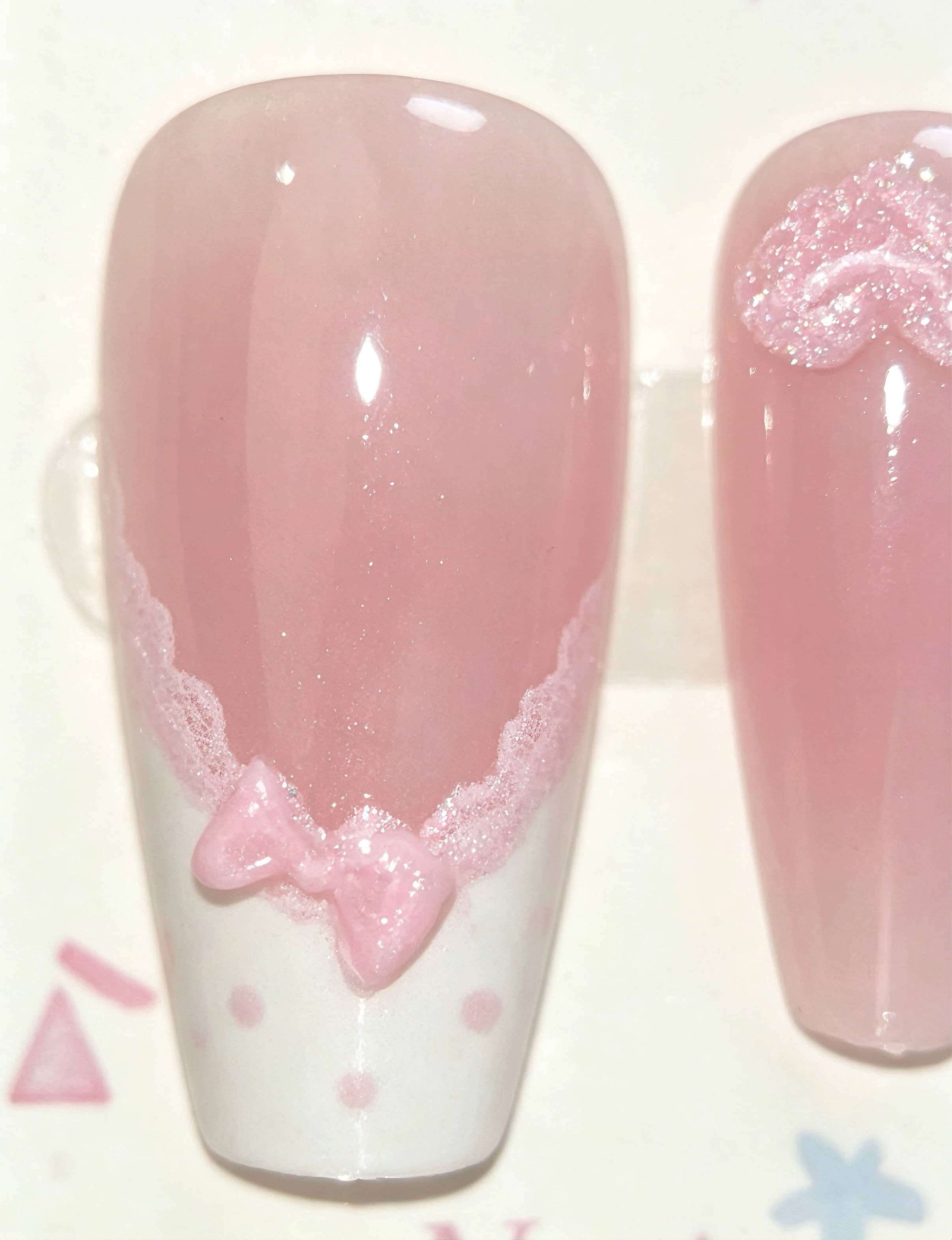 Coquette Pink Lace French Press-On Nails | Nude Base with Bow & Heart Accents