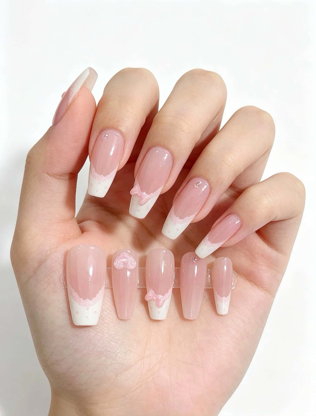 Coquette Pink Lace French Press-On Nails | Nude Base with Bow & Heart Accents