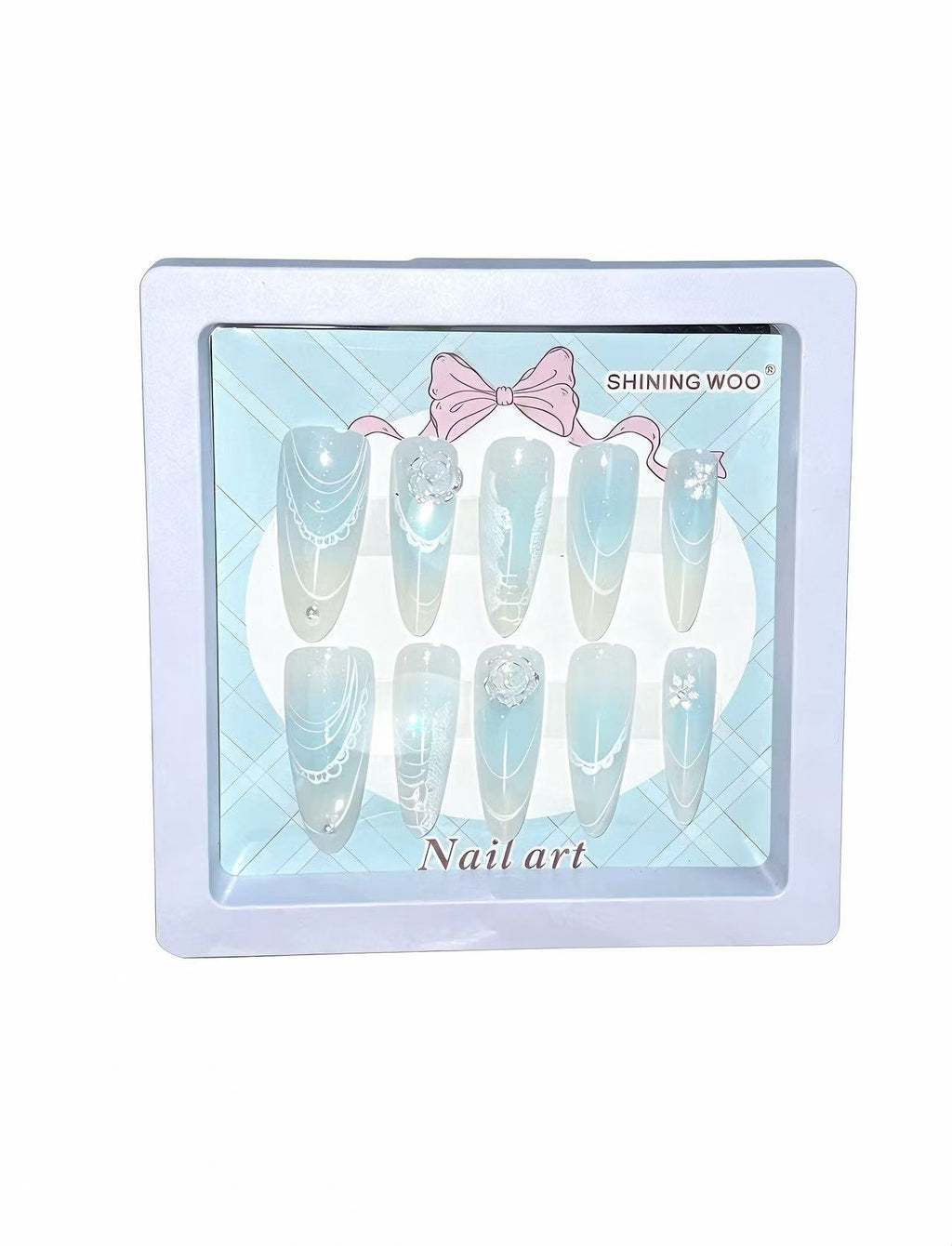 Ice Blue Lace & Crystal Press-On Nails | Dreamy Ombre with Rose Charms