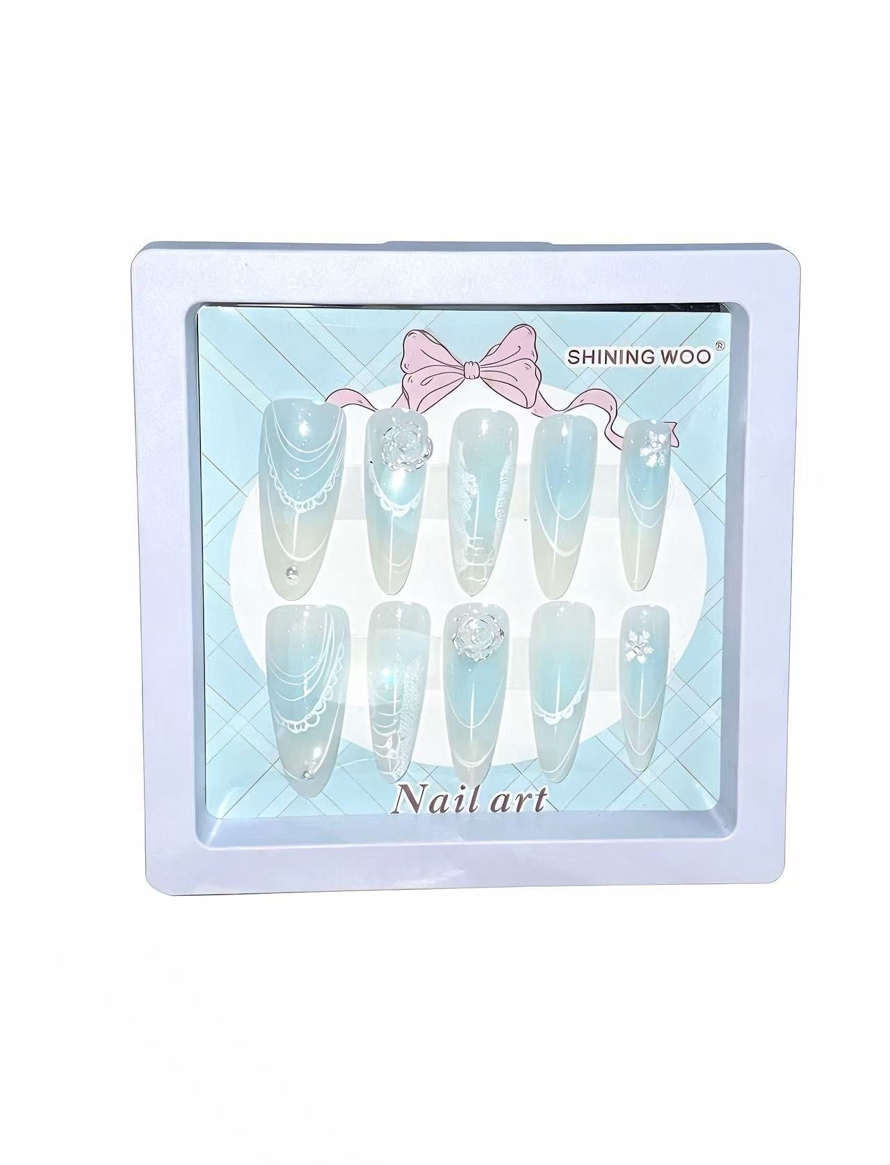 Ice Blue Lace & Crystal Press-On Nails | Dreamy Ombre with Rose Charms