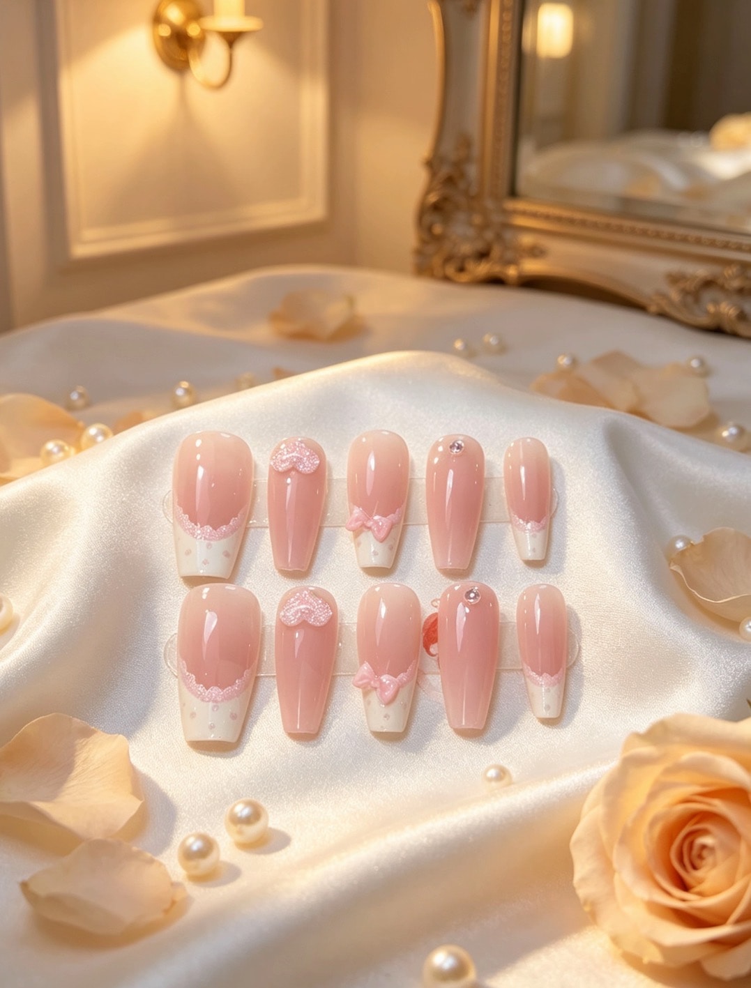 Coquette Pink Lace French Press-On Nails | Nude Base with Bow & Heart Accents