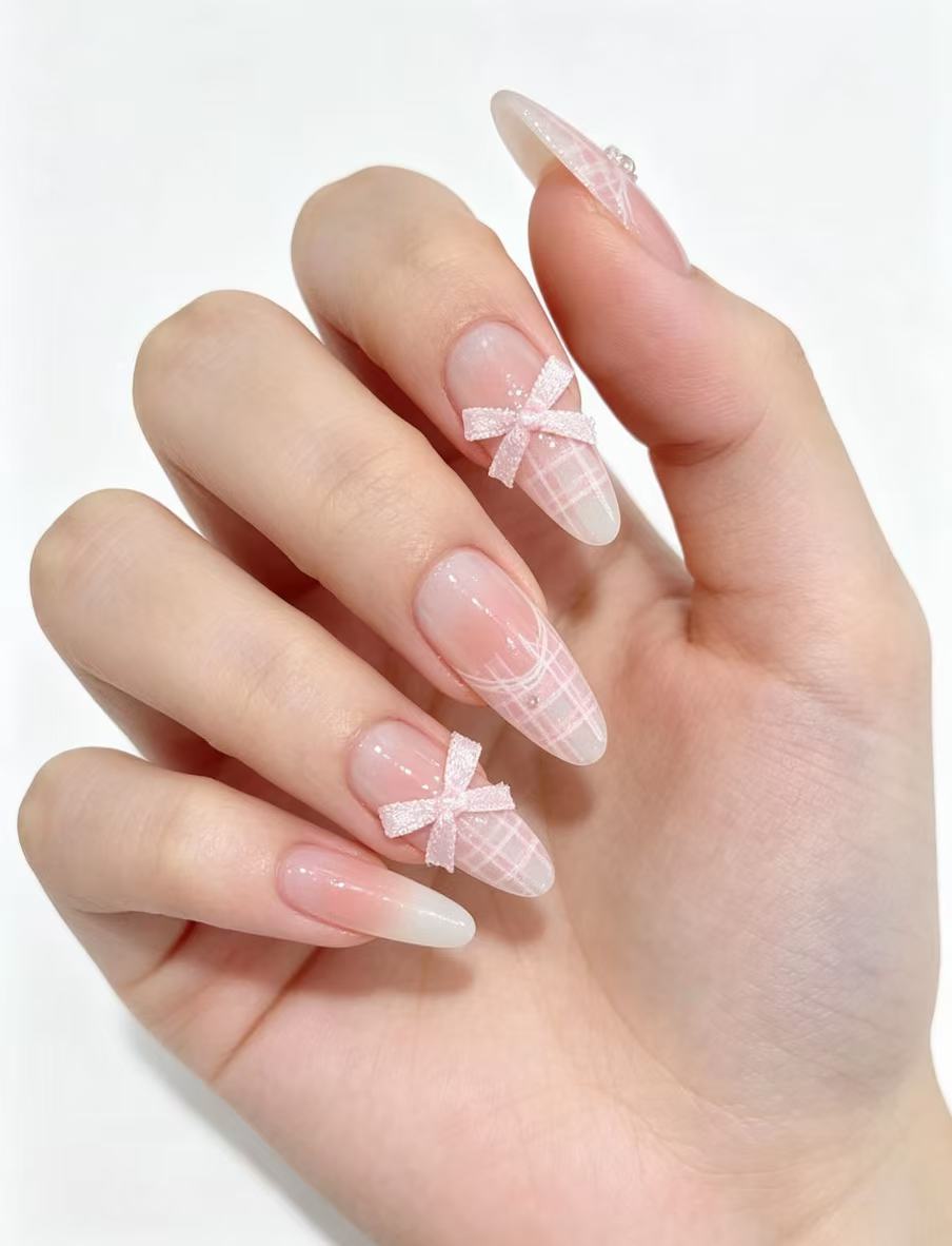 Blush Ombre Ribbon Bow Press-On Nails | Soft Pink to Clear Gradient