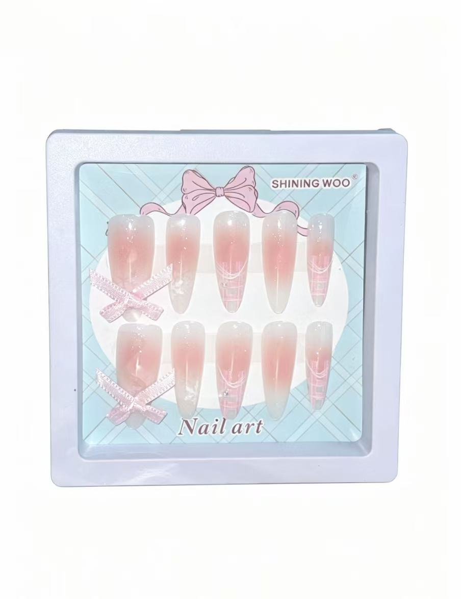 Blush Ombre Ribbon Bow Press-On Nails | Soft Pink to Clear Gradient