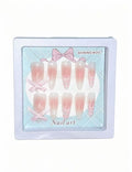 Blush Ombre Ribbon Bow Press-On Nails | Soft Pink to Clear Gradient