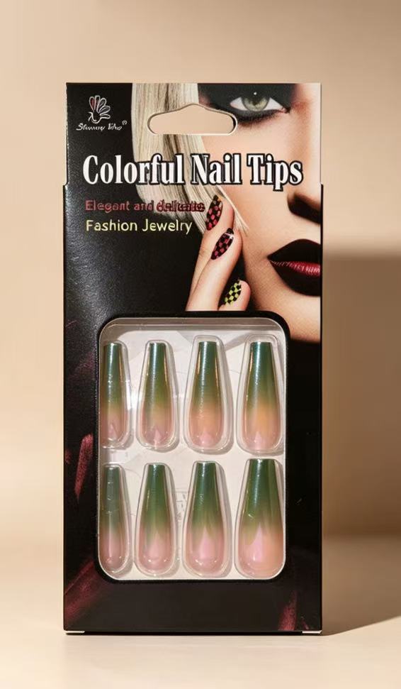 Sage Green to Nude Ombre Press-On Nails | Long Coffin Shape