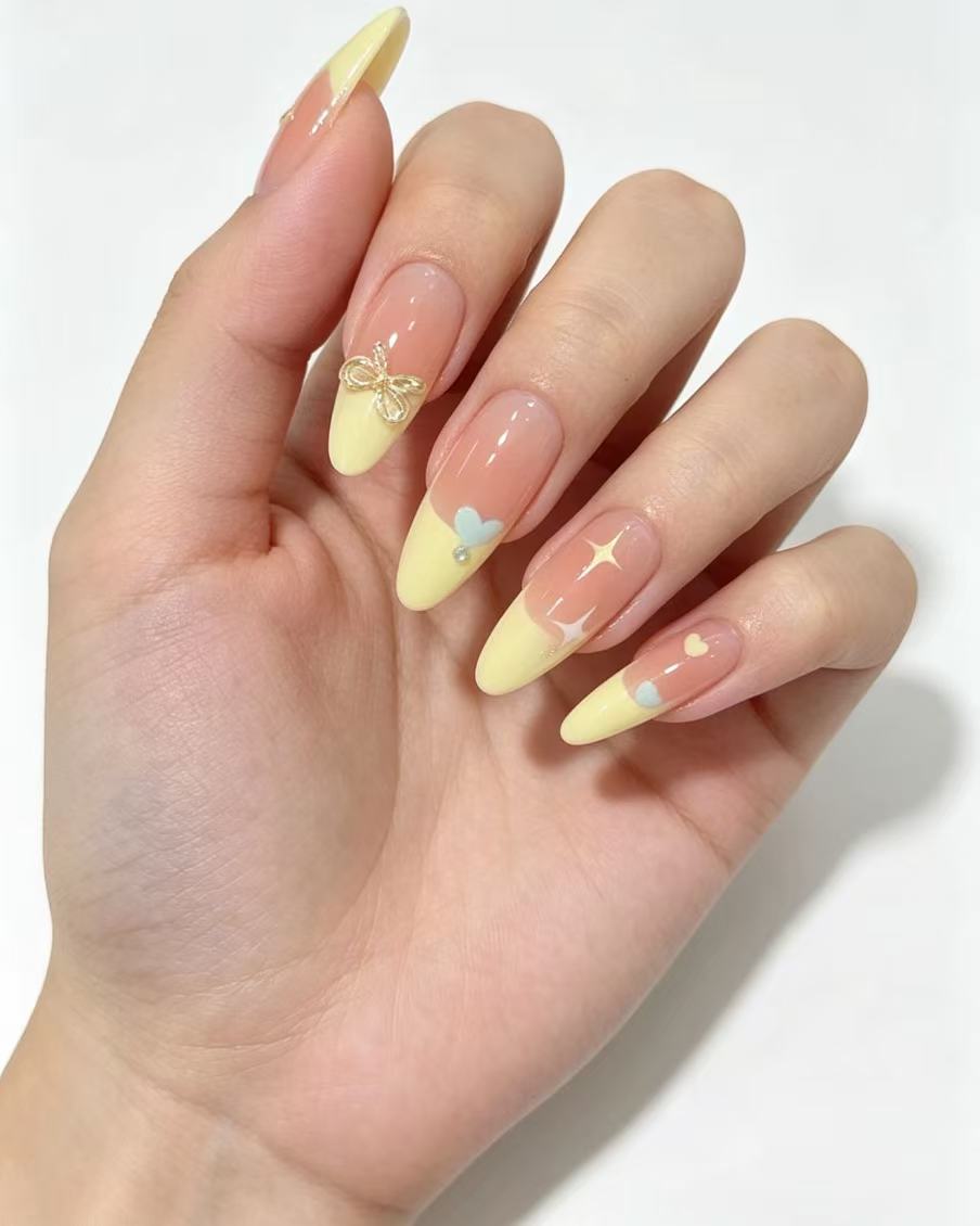 Peach Glow French Press-On Nails – Nude Gradient x Sunny Yellow Tip
