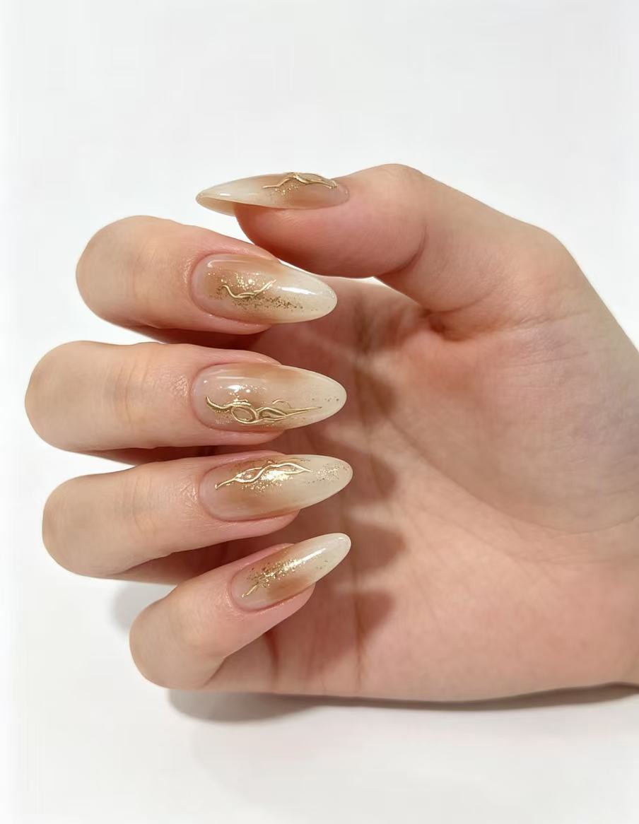 Nude Ombre Gold Foil Press-On Nails | Elegant Almond Shape with Metallic Accents