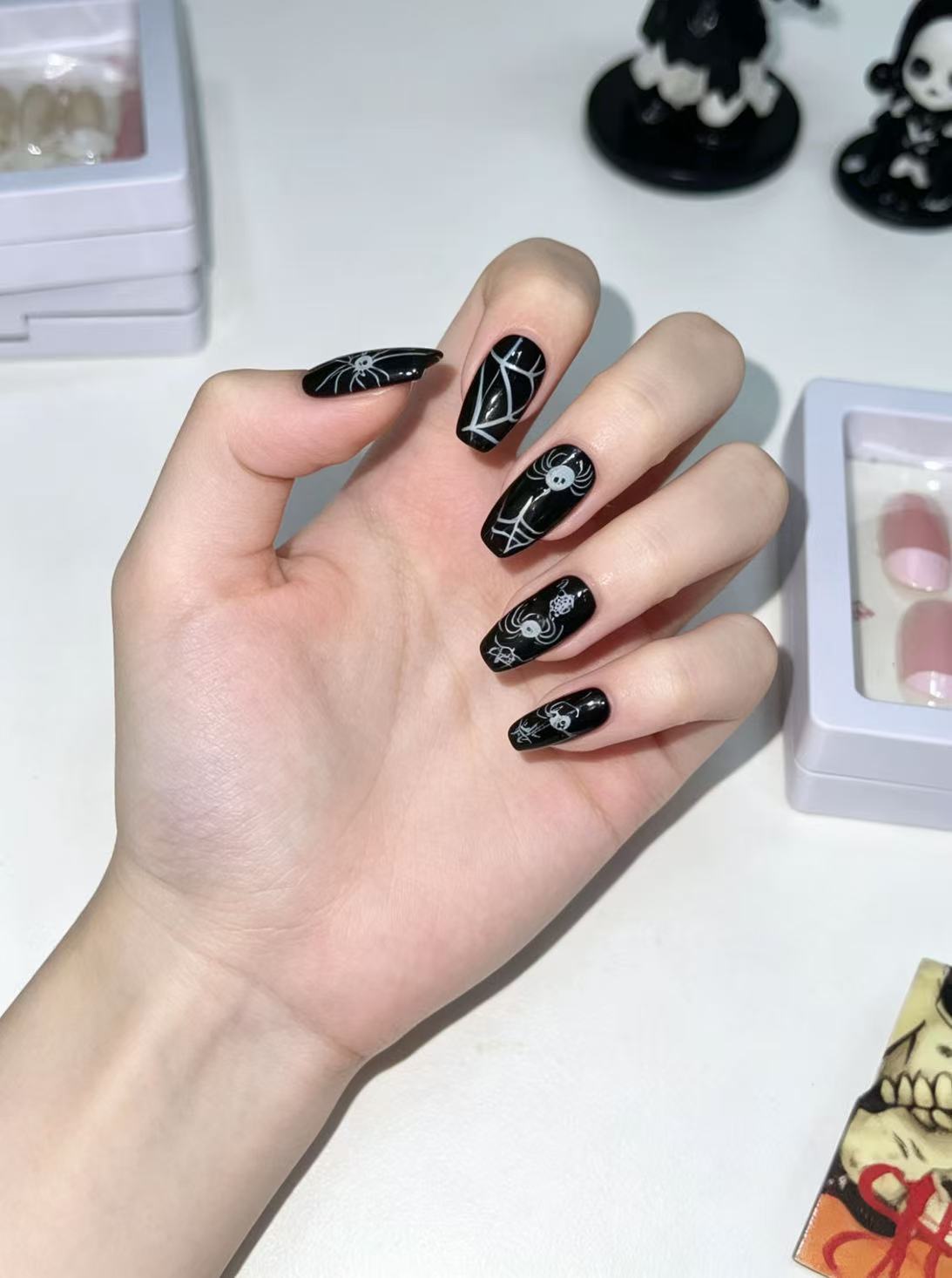 Black Gothic Spider Press-On Nails | Halloween Spiderweb & Blood Drip