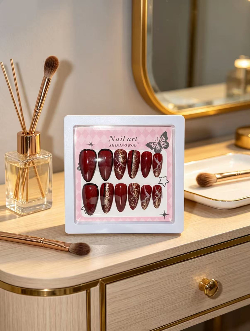 Deep Red Black French Press-On Nails | Almond Shape with Gold Foil & Glitter
