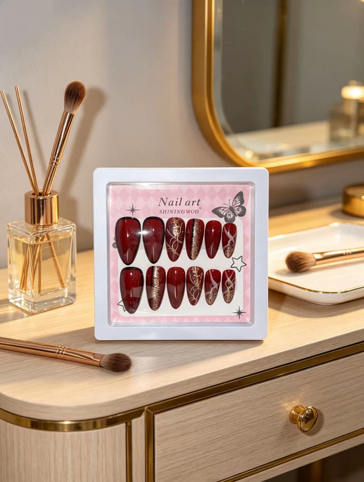 Deep Red Black French Press-On Nails | Almond Shape with Gold Foil & Glitter