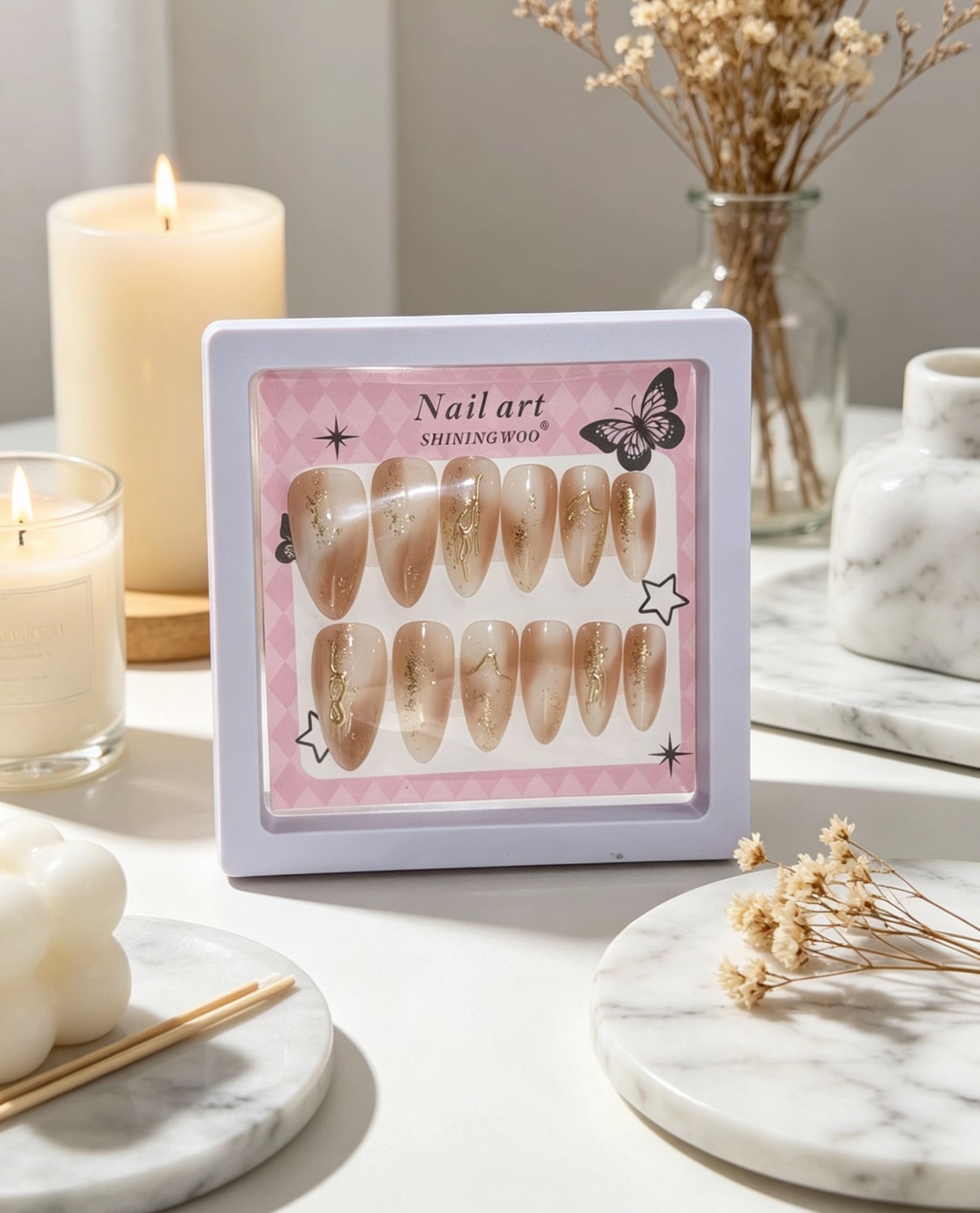 Nude Ombre Gold Foil Press-On Nails | Elegant Almond Shape with Metallic Accents