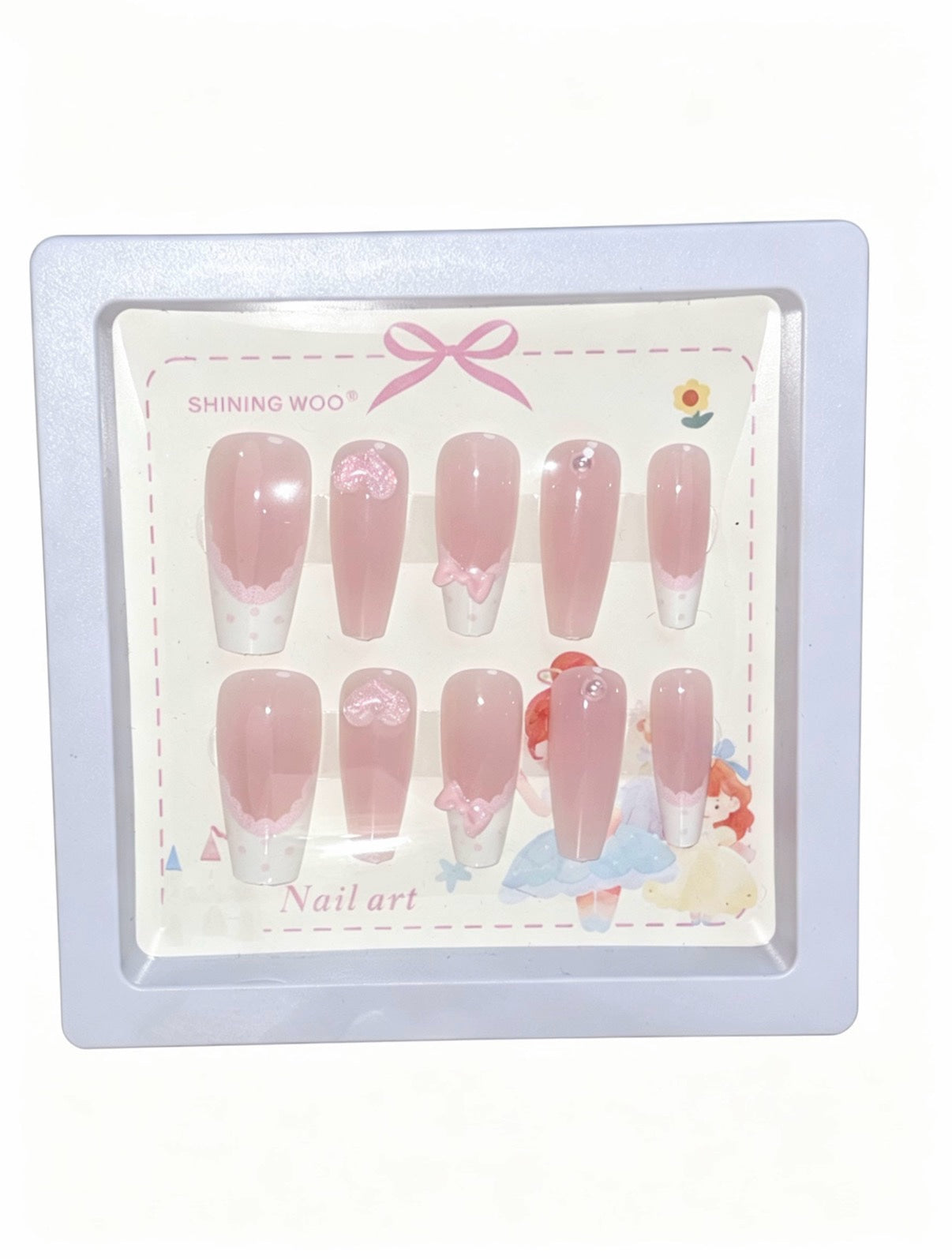 Coquette Pink Lace French Press-On Nails | Nude Base with Bow & Heart Accents