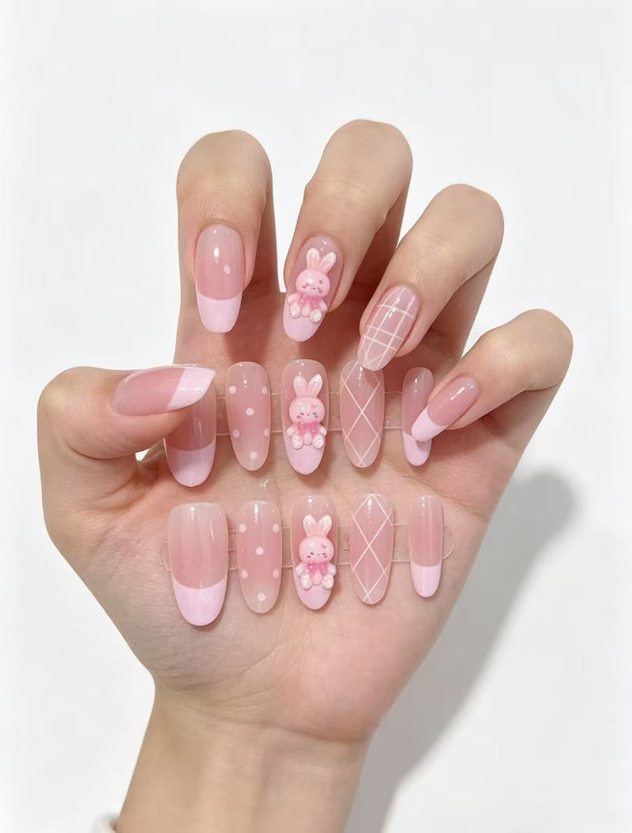 Blush Pink Bunny Press-On Nails | Coquette Kawaii French Tip Set