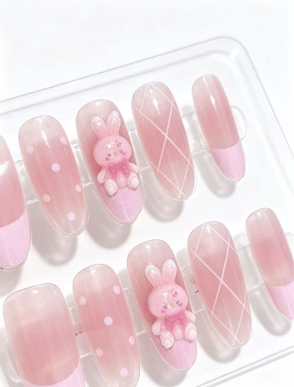 Blush Pink Bunny Press-On Nails | Coquette Kawaii French Tip Set