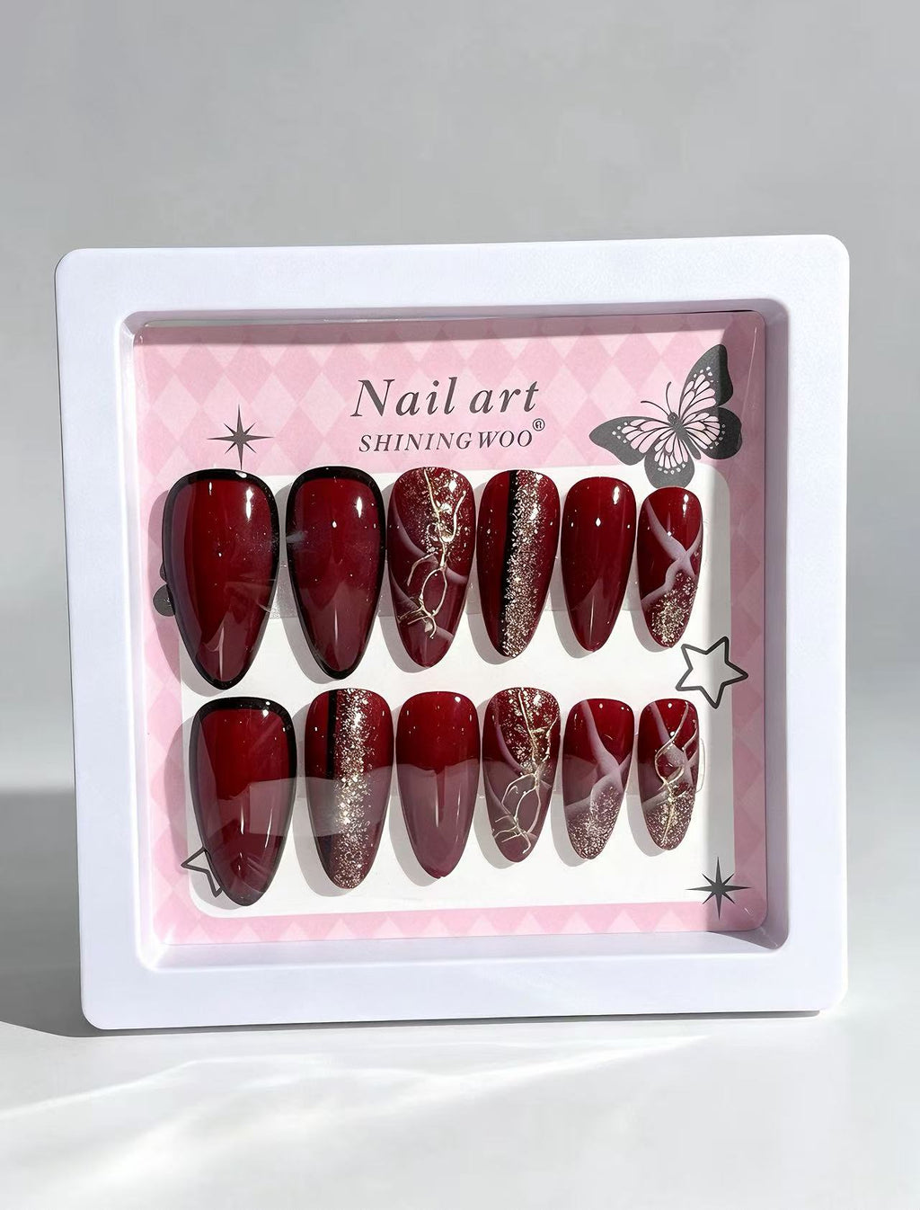 Deep Red Black French Press-On Nails | Almond Shape with Gold Foil & Glitter