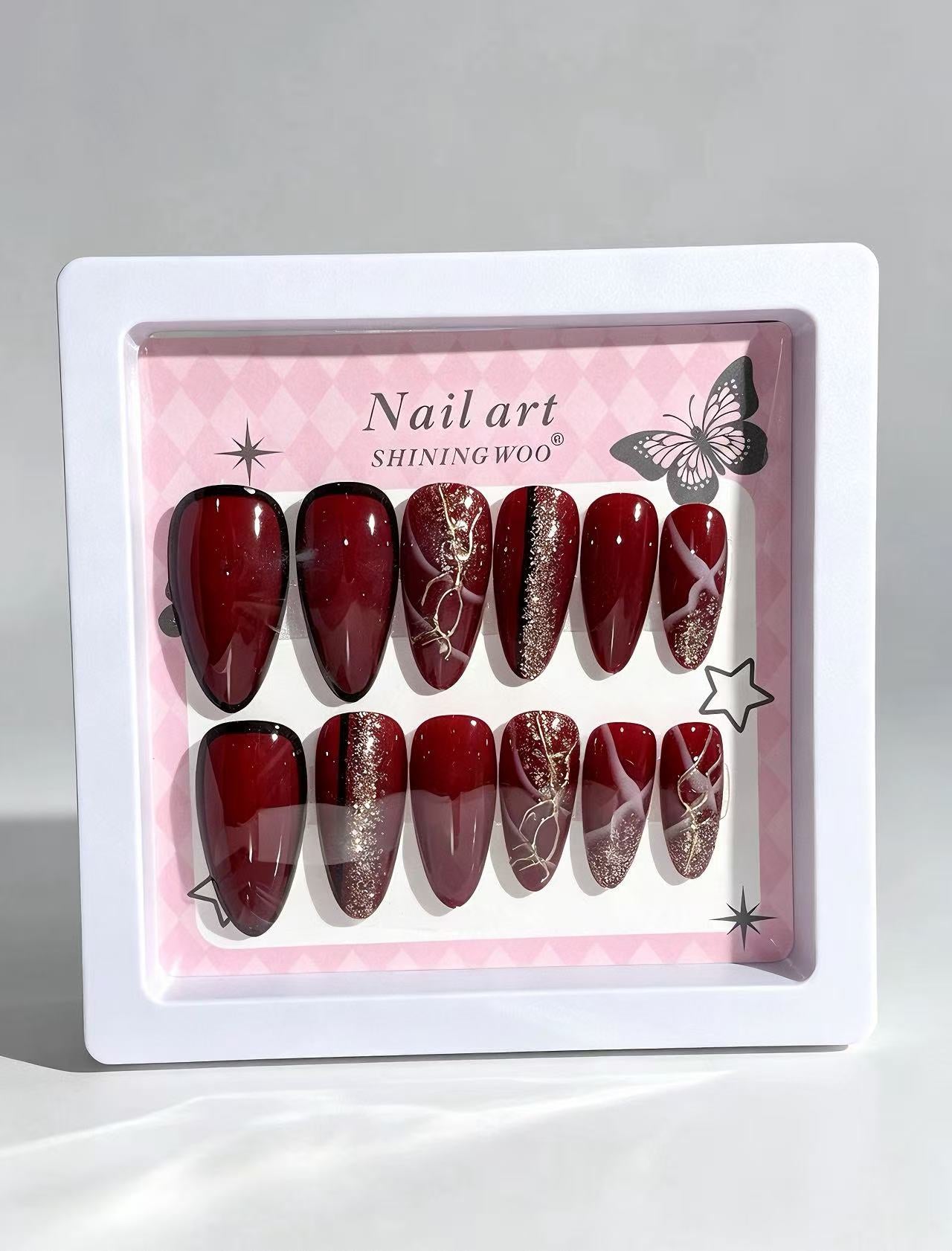 Deep Red Black French Press-On Nails | Almond Shape with Gold Foil & Glitter