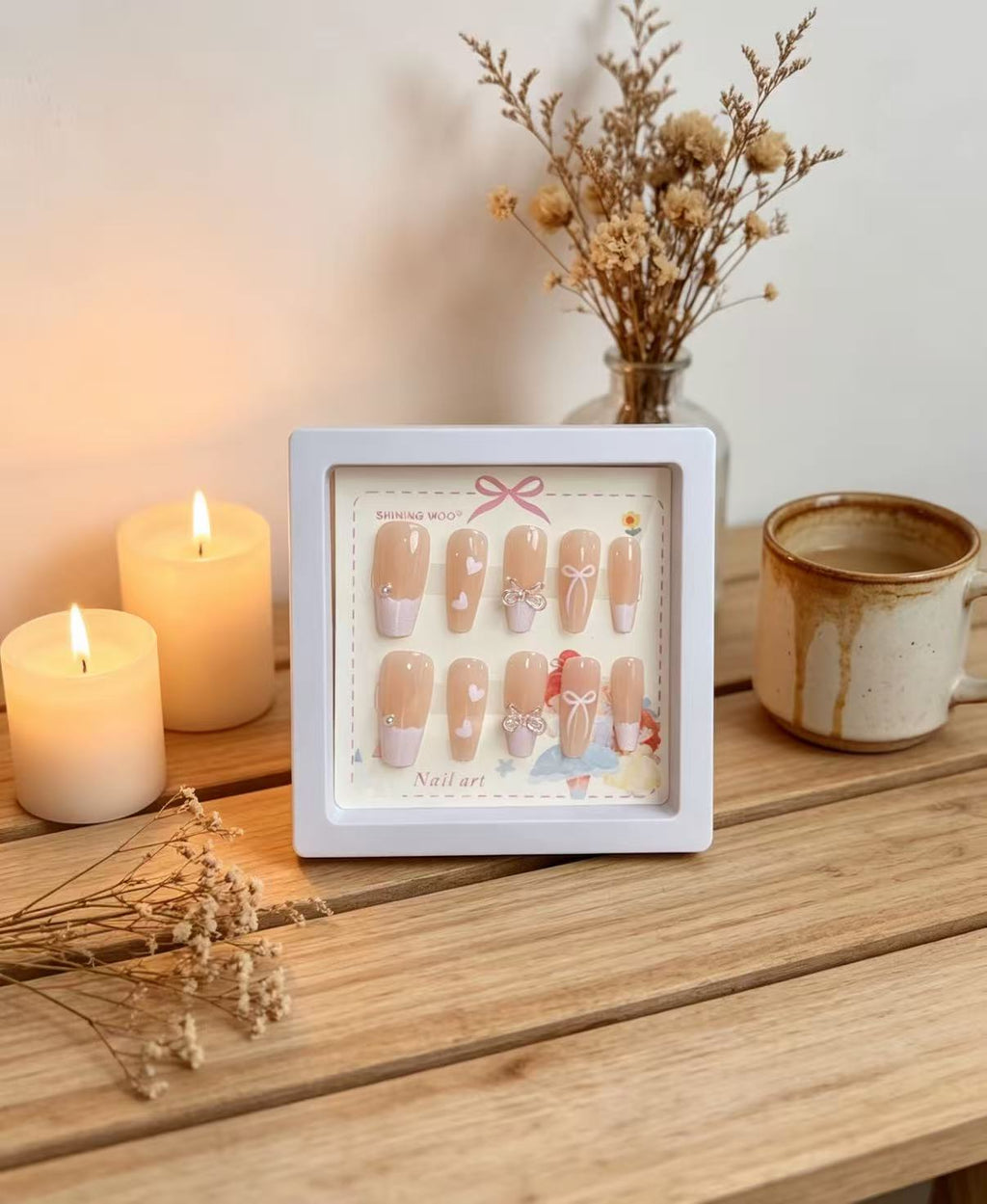 Coquette Bow & Pearl French Press-On Nails – Nude Base x White Tip