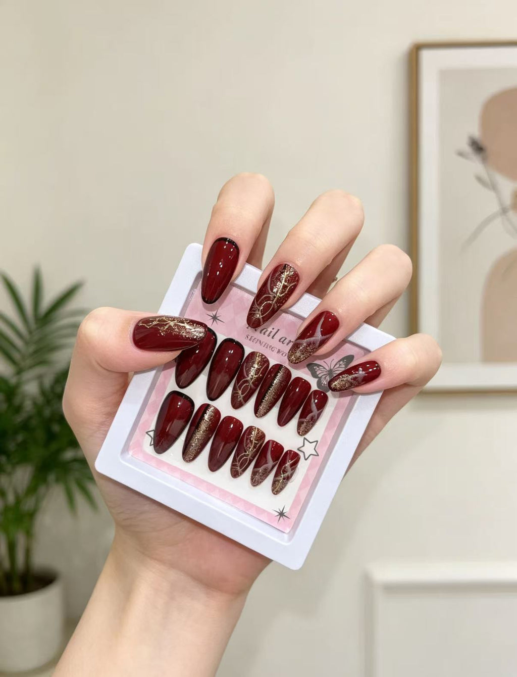 Deep Red Black French Press-On Nails | Almond Shape with Gold Foil & Glitter
