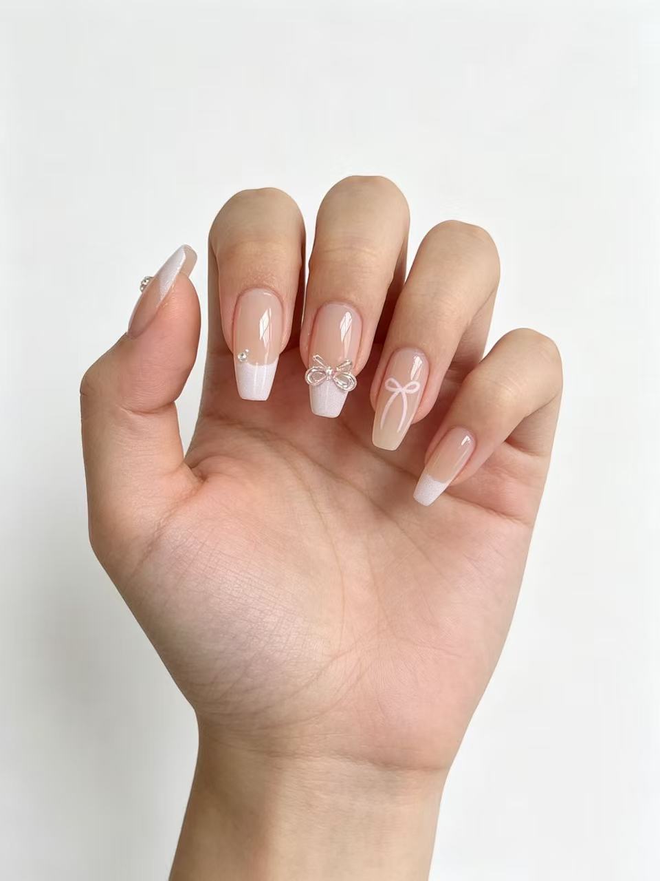 Coquette Bow & Pearl French Press-On Nails – Nude Base x White Tip