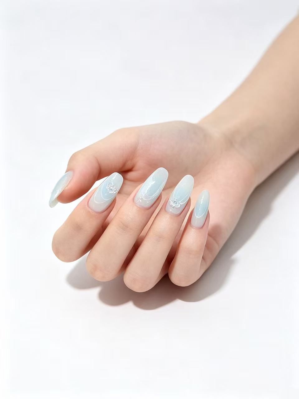 Ice Blue Lace & Crystal Press-On Nails | Dreamy Ombre with Rose Charms