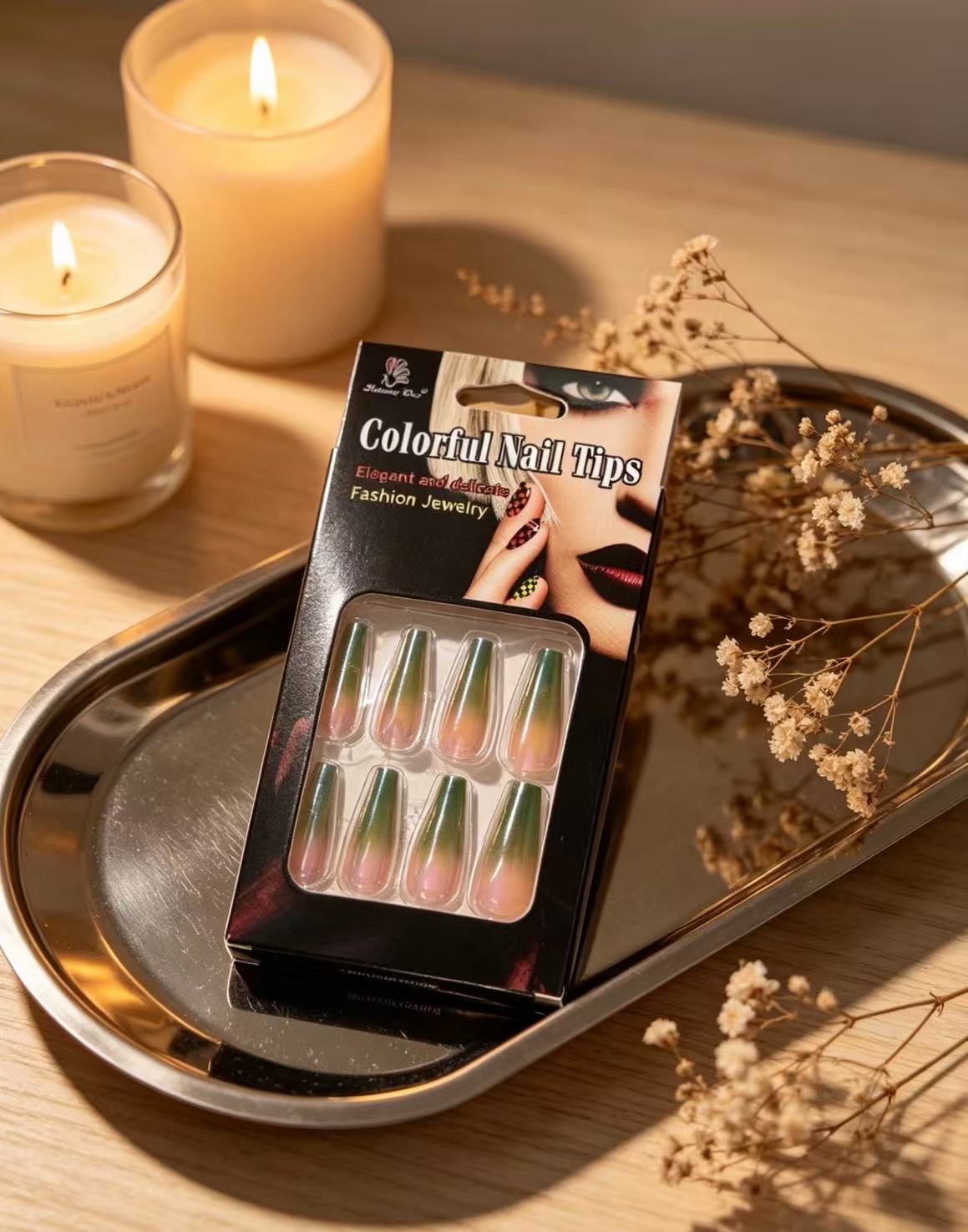Sage Green to Nude Ombre Press-On Nails | Long Coffin Shape